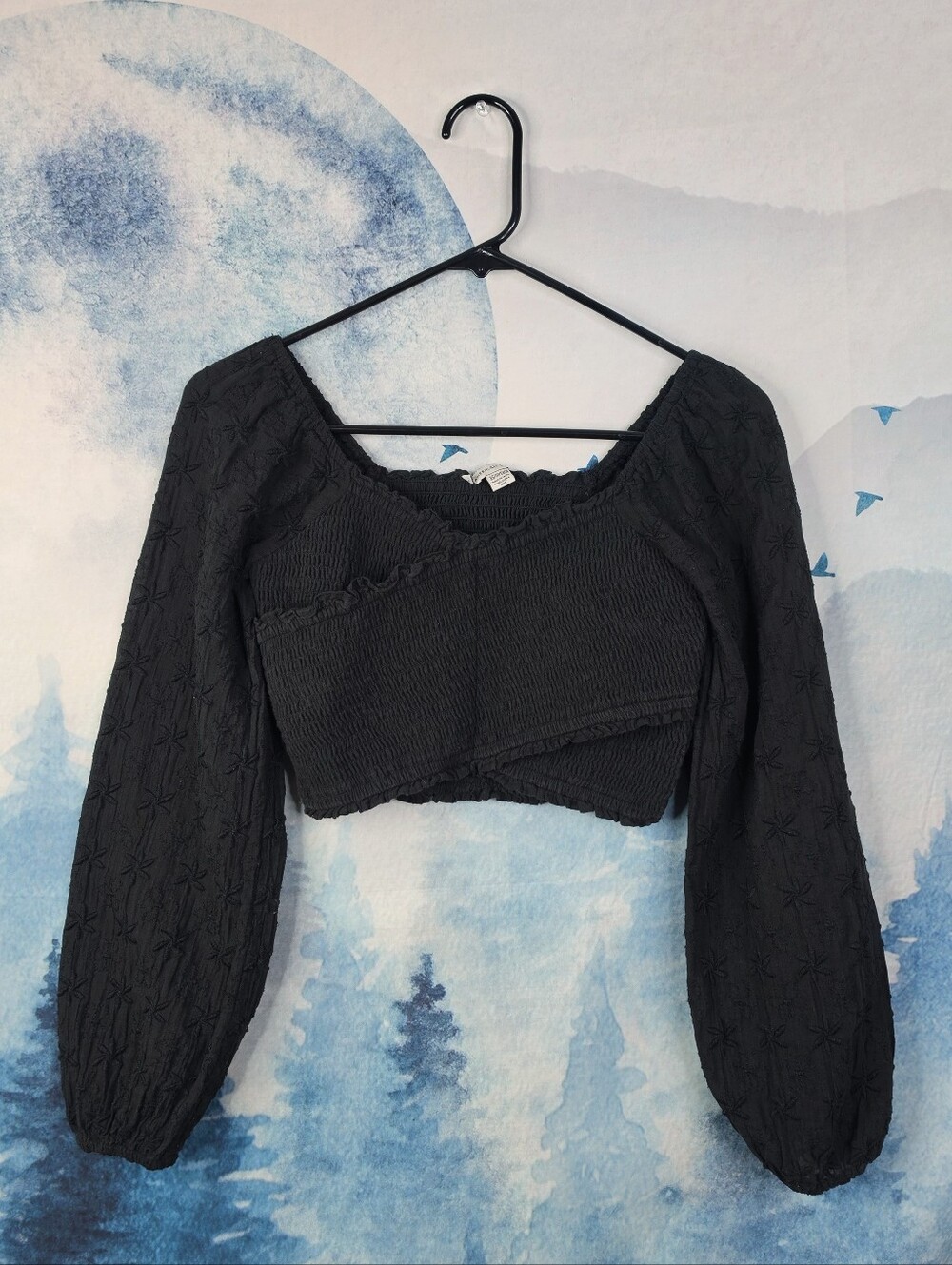 American Eagle Smocked Crop Top Long Sleeve XS Black